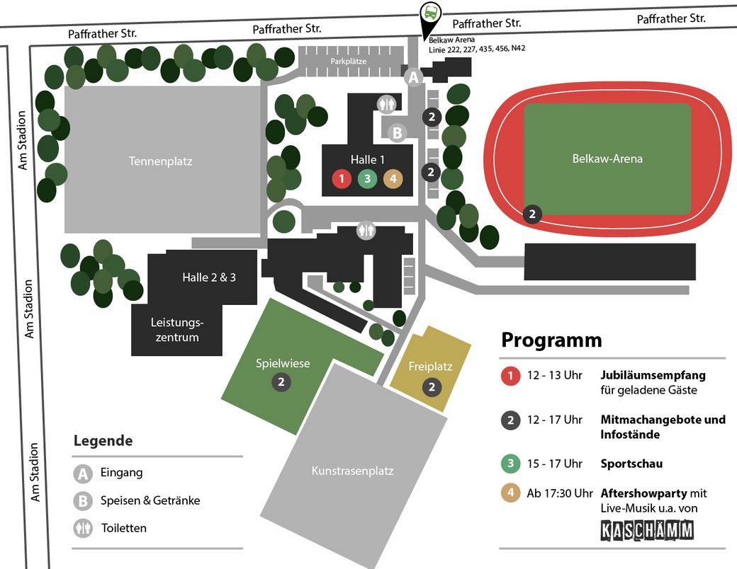 Lageplan des Veranstaltungsgeländes „75 Jahre in Bewegung" des Kreissportbunds Rheinisch-Bergischer Kreis. Das Gelände liegt an der Straße „Am Stadion" und der Paffrather Straße. Eingezeichnet sind folgende Bereiche: Tennenplatz, Halle 1 mit den Programmpunkten 1 bis 4, Halle 2 & 3 mit Leistungszentrum, Spielwiese, Freiplatz, Kunstrasenplatz sowie die benachbarte Belkaw-Arena. Eingang (A), Speisen & Getränke (B) und Toiletten sind markiert. Parkplätze befinden sich entlang der Paffrather Straße. Die Bushaltestelle „Belkaw Arena" (Linien 222, 227, 435, 456, N42) liegt ebenfalls in der Nähe.